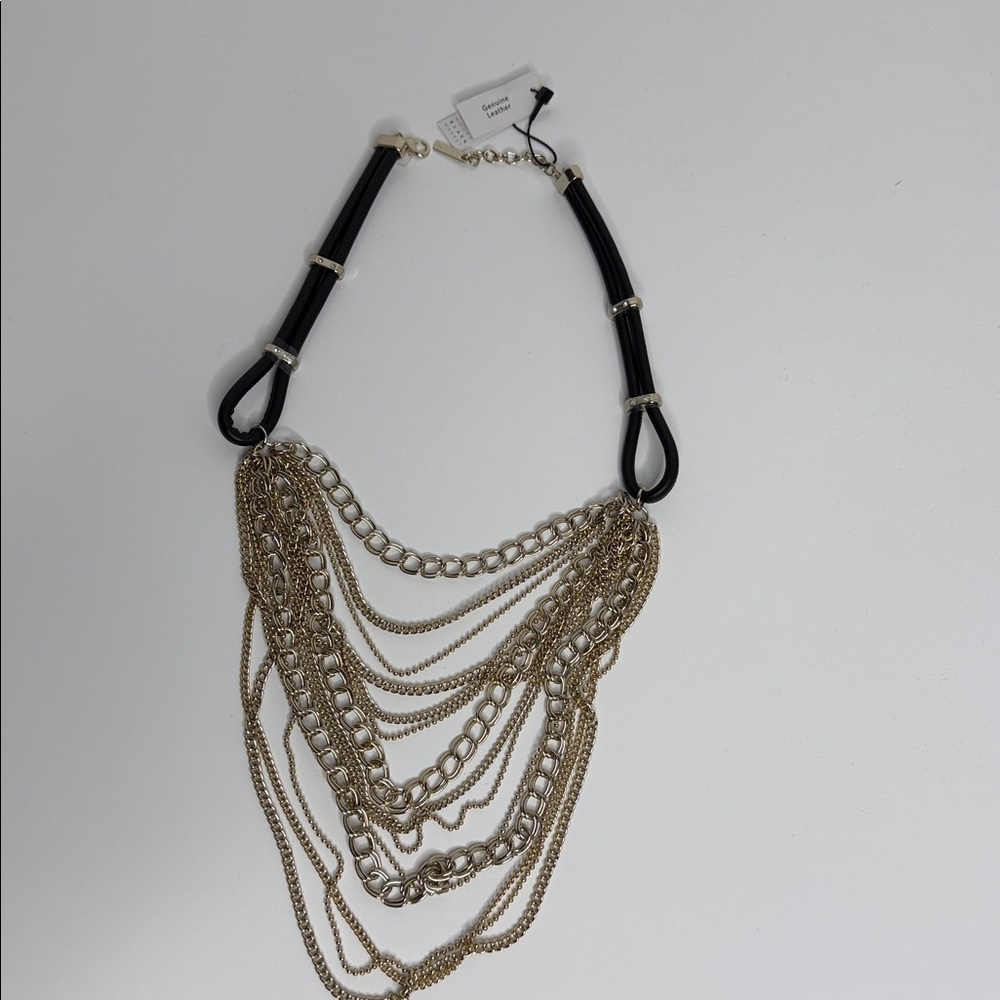 White House Black Market Multi Chain Gold Tone Necklace Leather Chain NEW NWT
